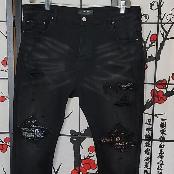 Amiri Black Distressed Bandana Denim Panelled Skinny Jeans Size 41 - Picture 3 of 11
